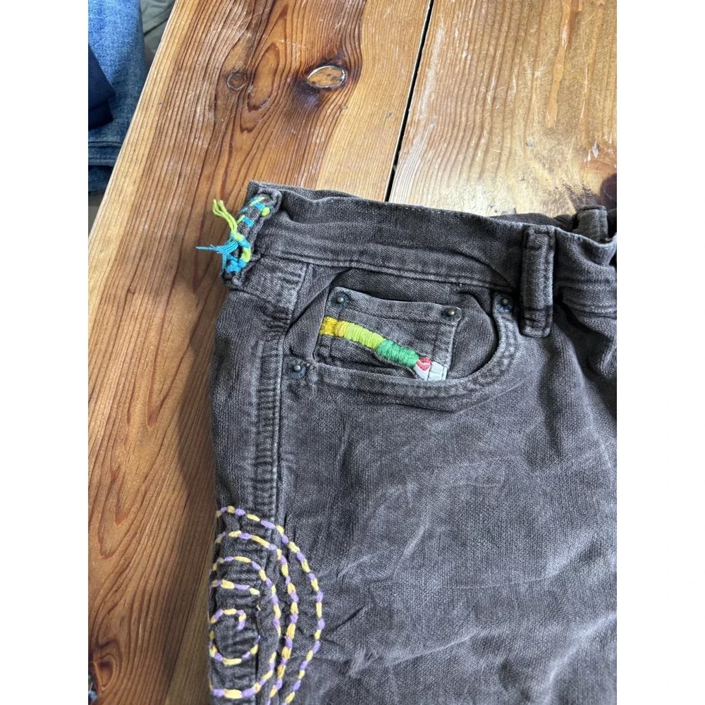 Diesel Boys 27 Corduroy Pants Brown Embroidered Lightning Bolt Flower Italy